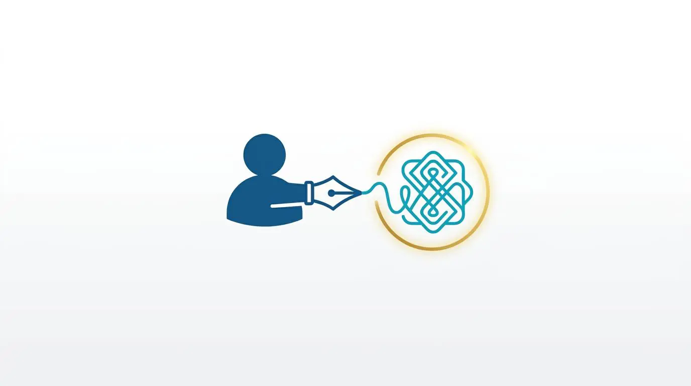 Person icon using a quill pen to draw a cryptographic signature for AI search content authenticity.