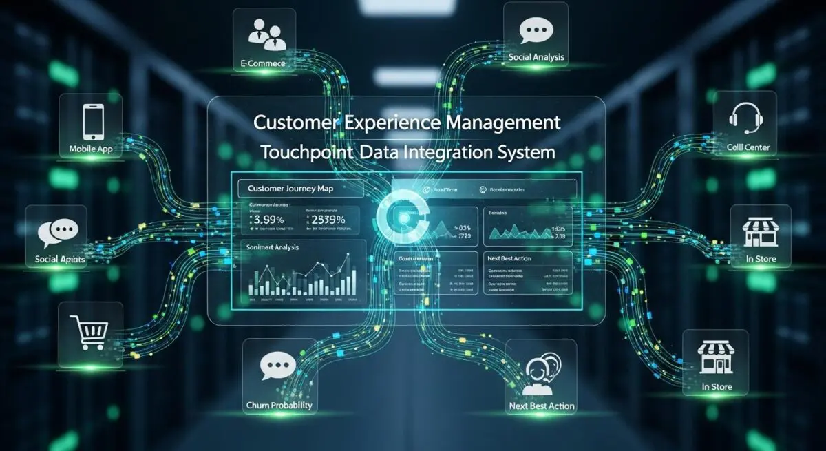 Customer Experience (CX) Management dashboard showing various data points and touchpoints like mobile, social, and in-store.