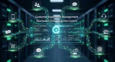 Customer Experience (CX) Management dashboard showing various data points and touchpoints like mobile, social, and in-store.