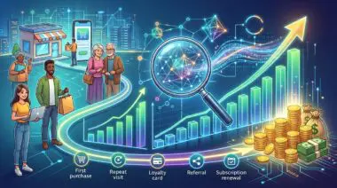 Futurist illustration depicting Customer Lifetime Value (LTV) and total net profit estimation.