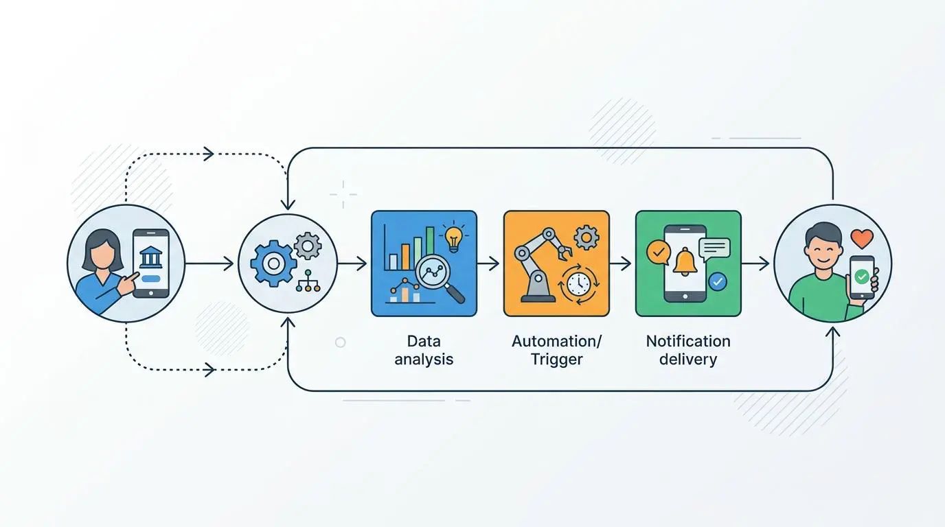 Customer experience automation workflow: data analysis, automation trigger, notification delivery, satisfied user.