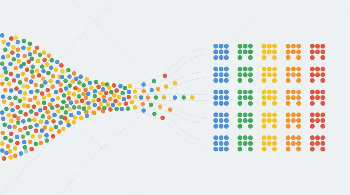 Conceptual graphic showing a funnel of mixed colored dots being sorted into organized grids by color.