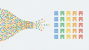 Conceptual graphic showing a funnel of mixed colored dots being sorted into organized grids by color.