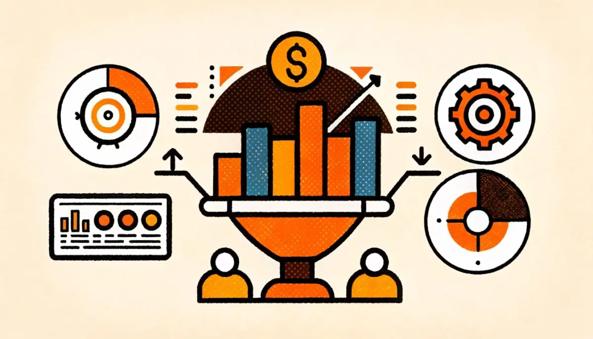 Stylized illustration of a Customer Success Platform showing data charts, gears, and financial growth metrics.