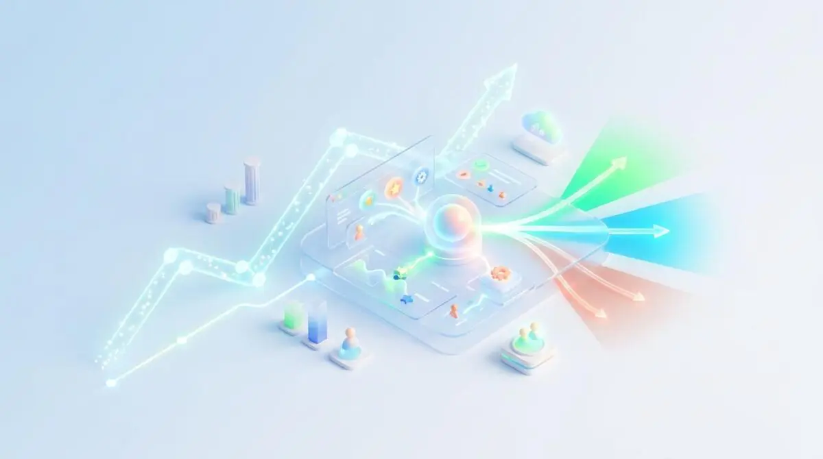 Abstract visualization of customer success platforms with churn prediction analytics and growth charts.