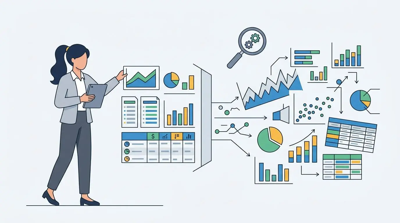 Data analyst presenting complex research metrics for thought-leadership article creation.
