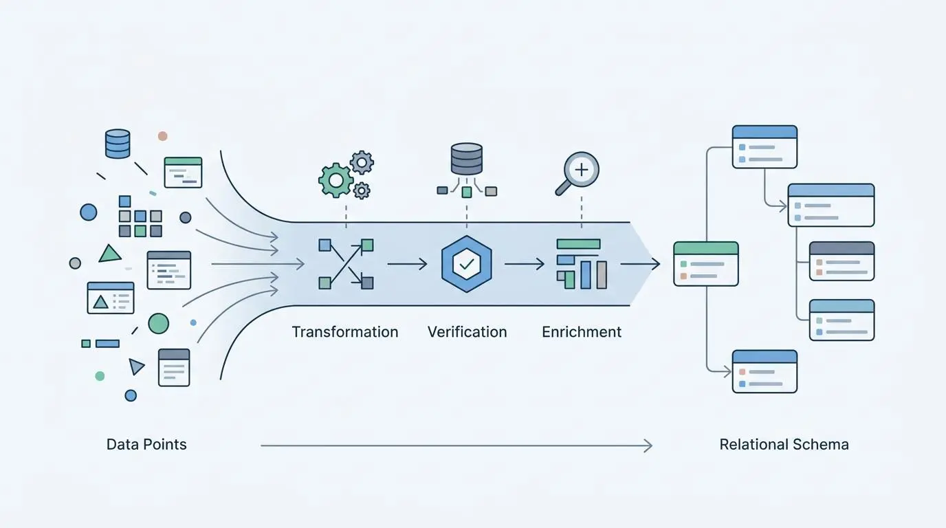Illustration of data pipeline: data points transform, verify, and enrich into relational schema structure.