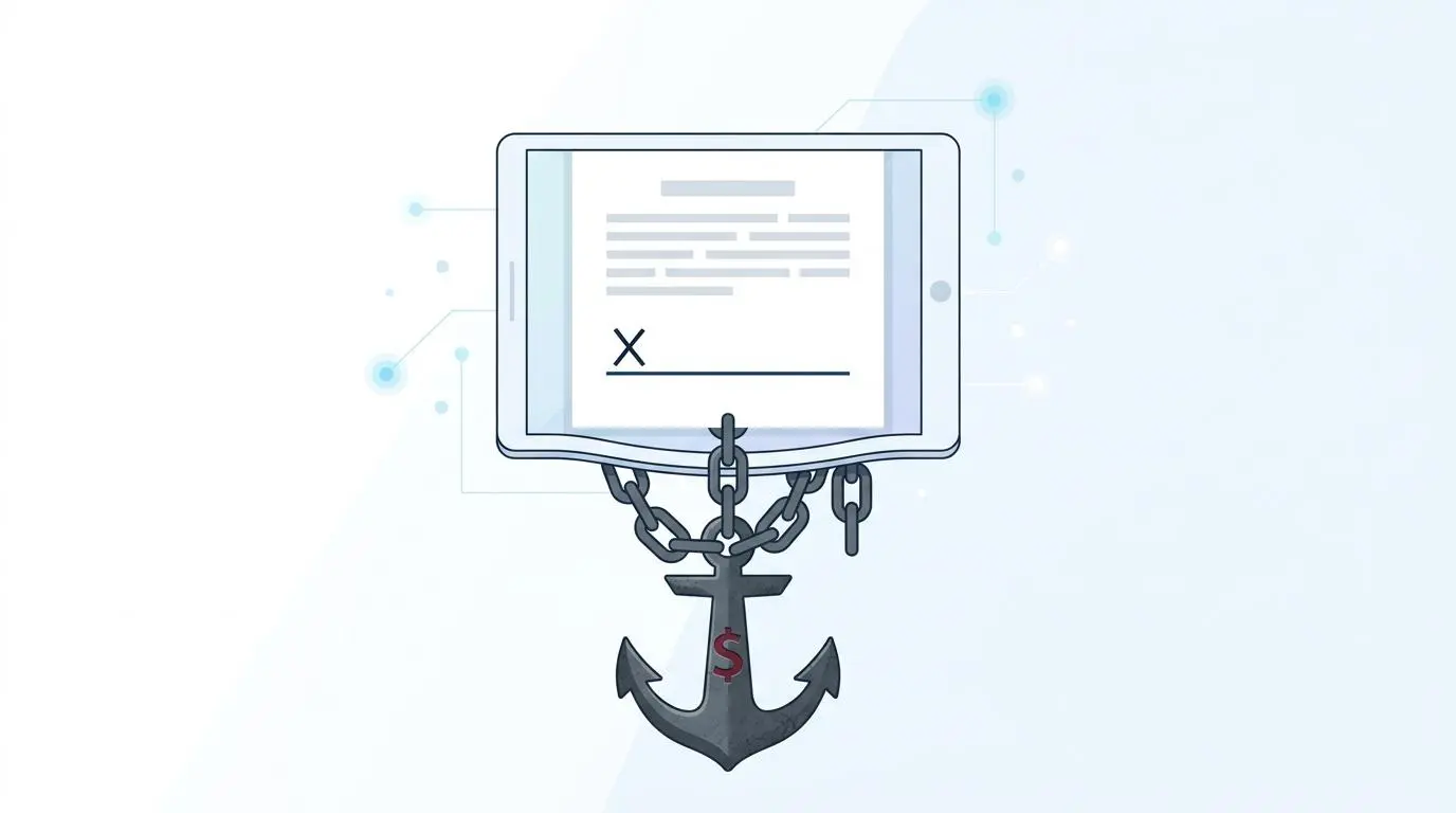 Digital document on tablet chained to a dollar-signed anchor, symbolizing debt's grip on wealth concentration.