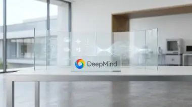 Google DeepMind logo on a glass display showing AI neural networks and multimodal data flows.