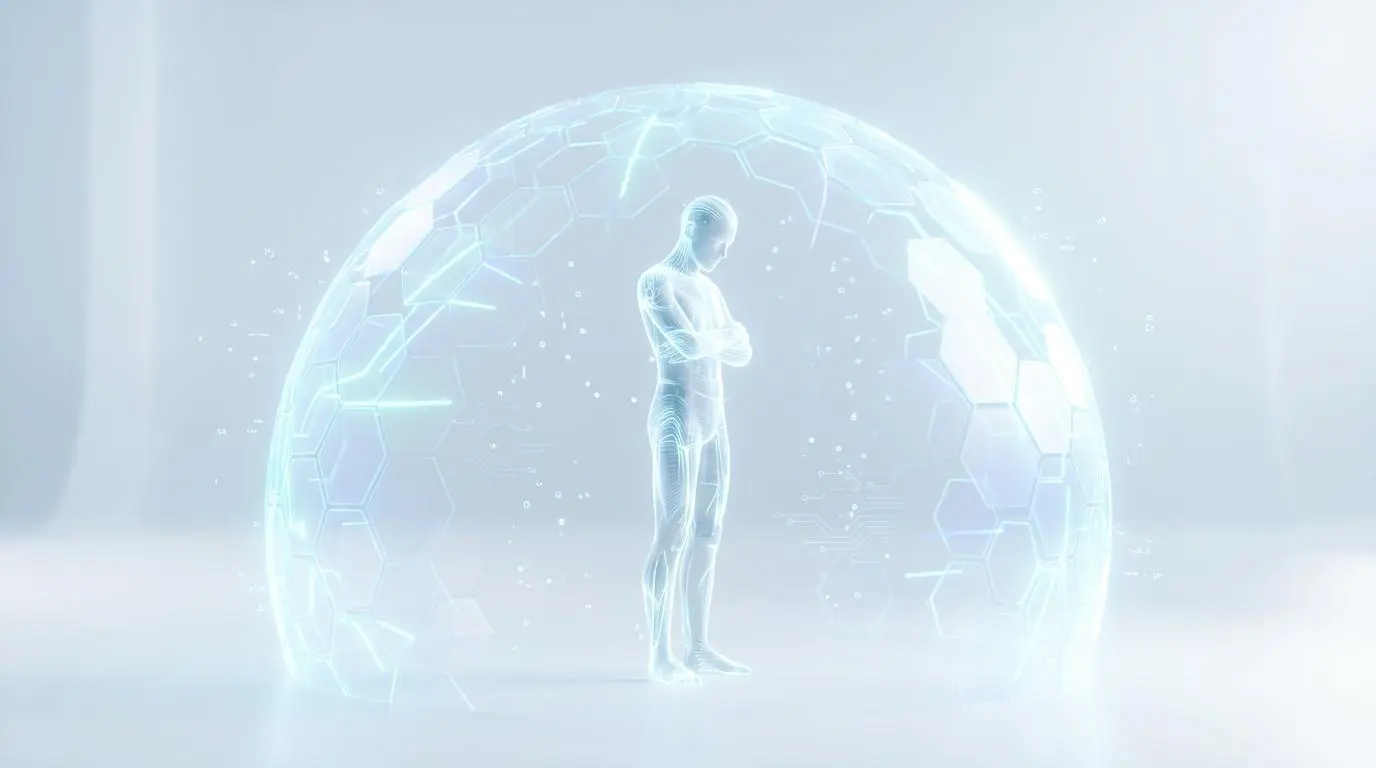 Digital avatar protected by hexagonal shield, illustrating protection against financial impact from public scandal.