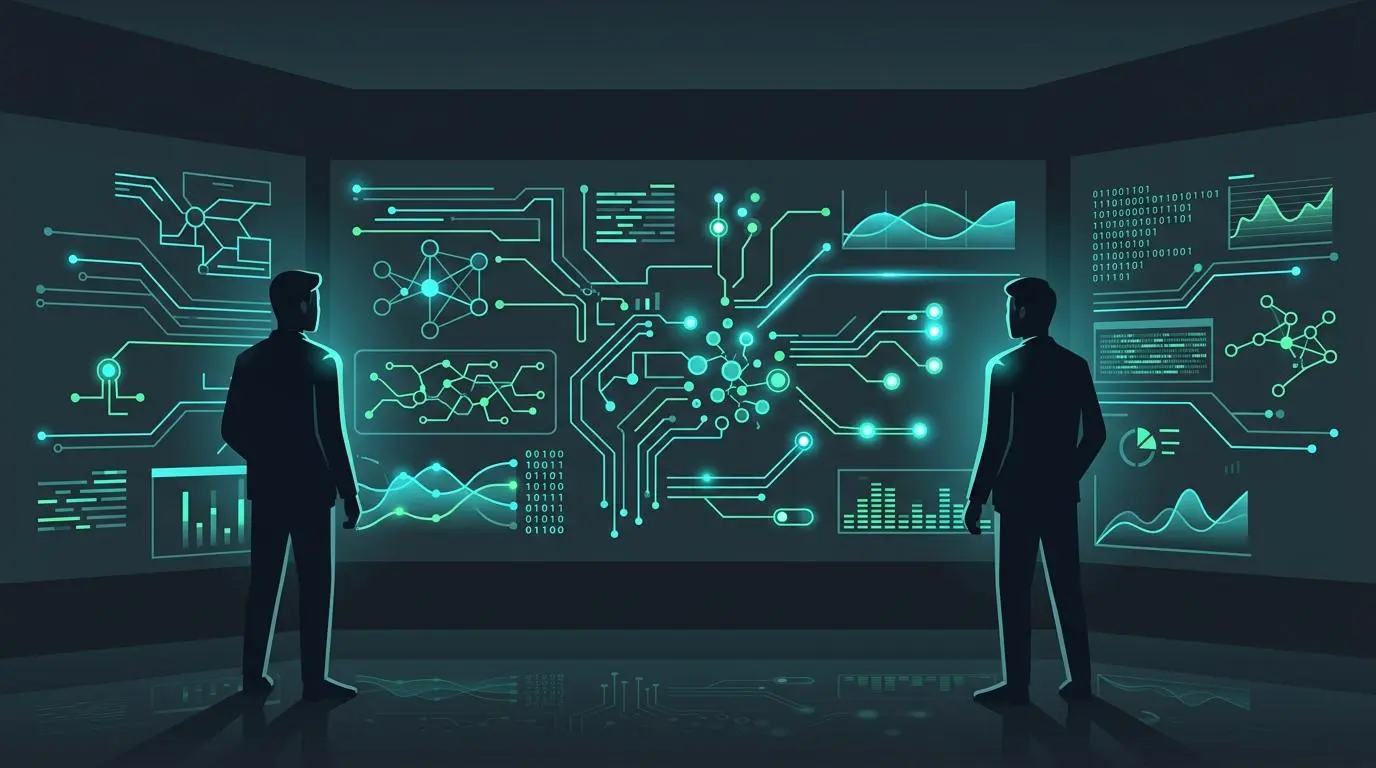 Silhouettes of individuals analyzing glowing digital data interfaces, reflecting strategic analysis for building a personal brand like a billionaire.