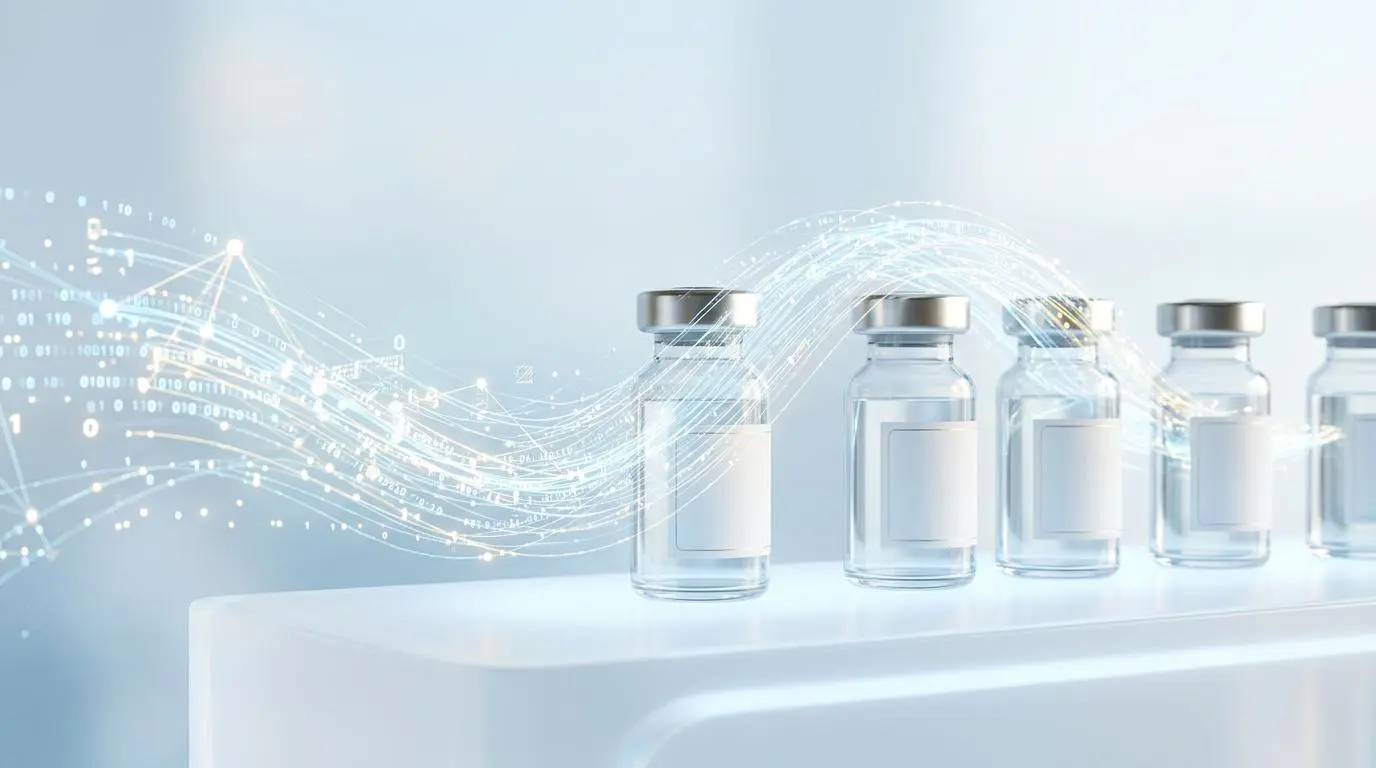 Pharmaceutical vials with digital data streams, symbolizing how billionaires approach fad diets.