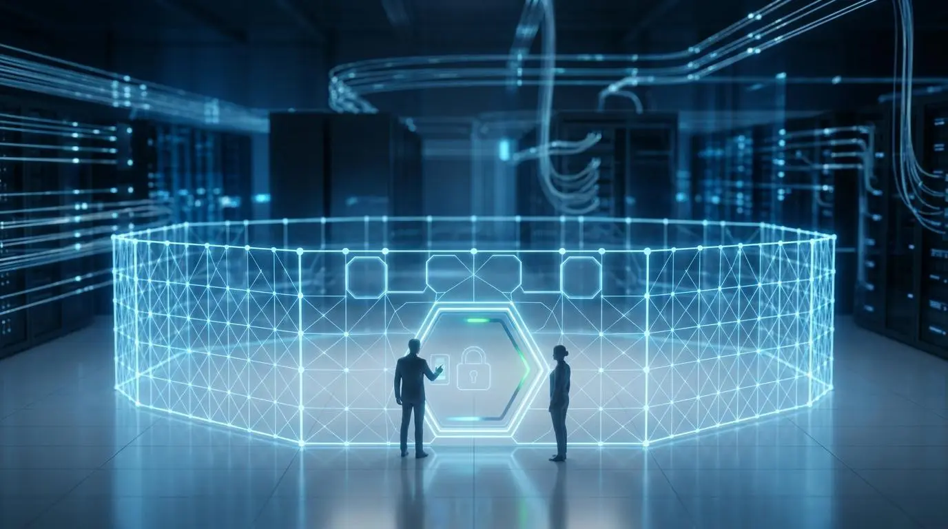 Two figures interact with a digital data security perimeter featuring Snowflake Cortex AI access control.