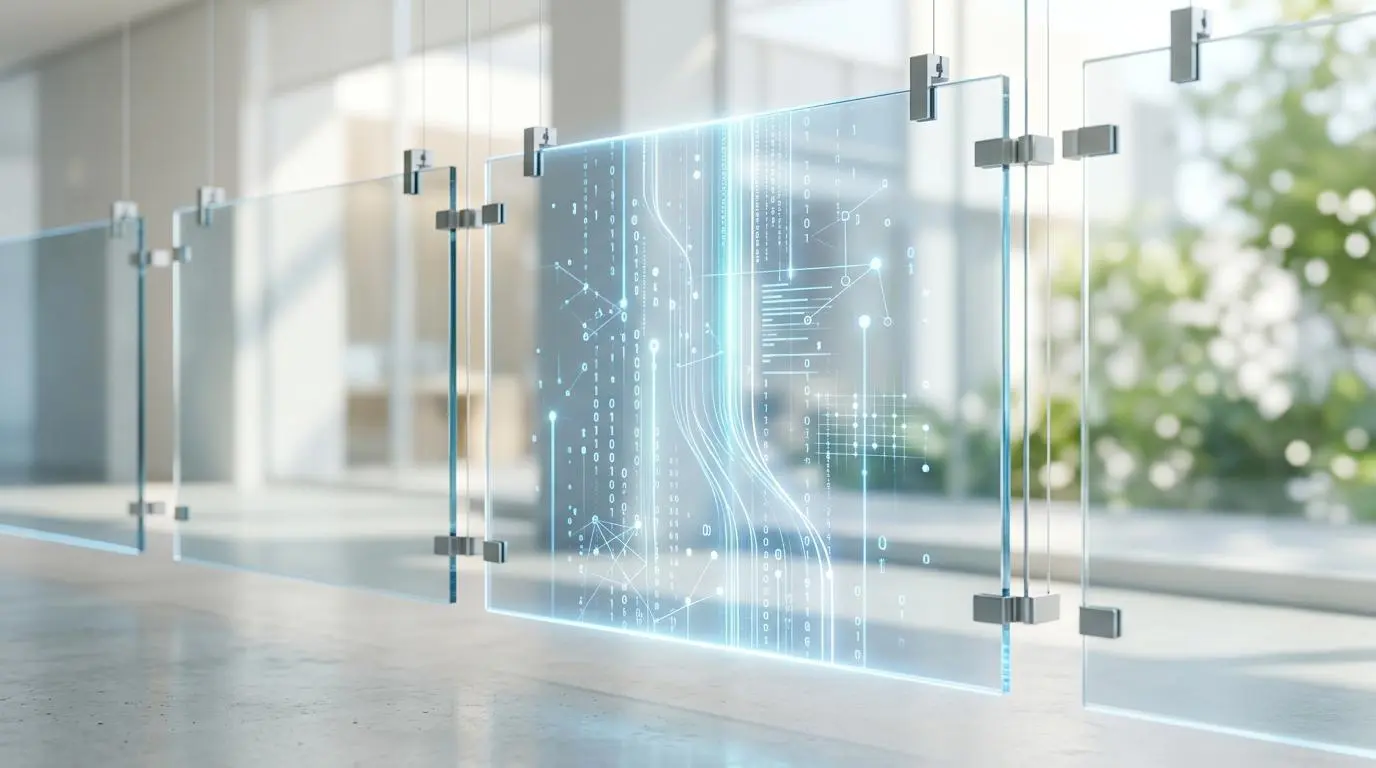 Digital data streams on glass screens, illustrating the complexity of financial ruin.