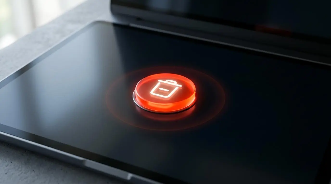 Glowing digital delete button symbolizes impact on billionaire net worth from public scandal.