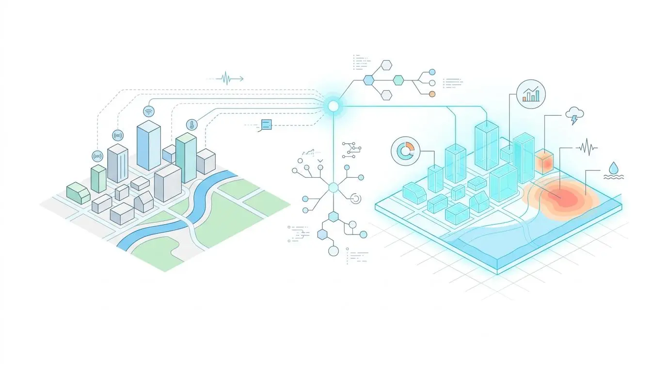Digital twin infrastructure modeling disaster simulation for AI traffic, safety, and waste management.
