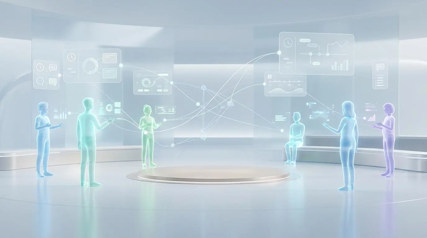 Digital twin avatars collaborate asynchronously in a virtual meeting space with data visualizations.