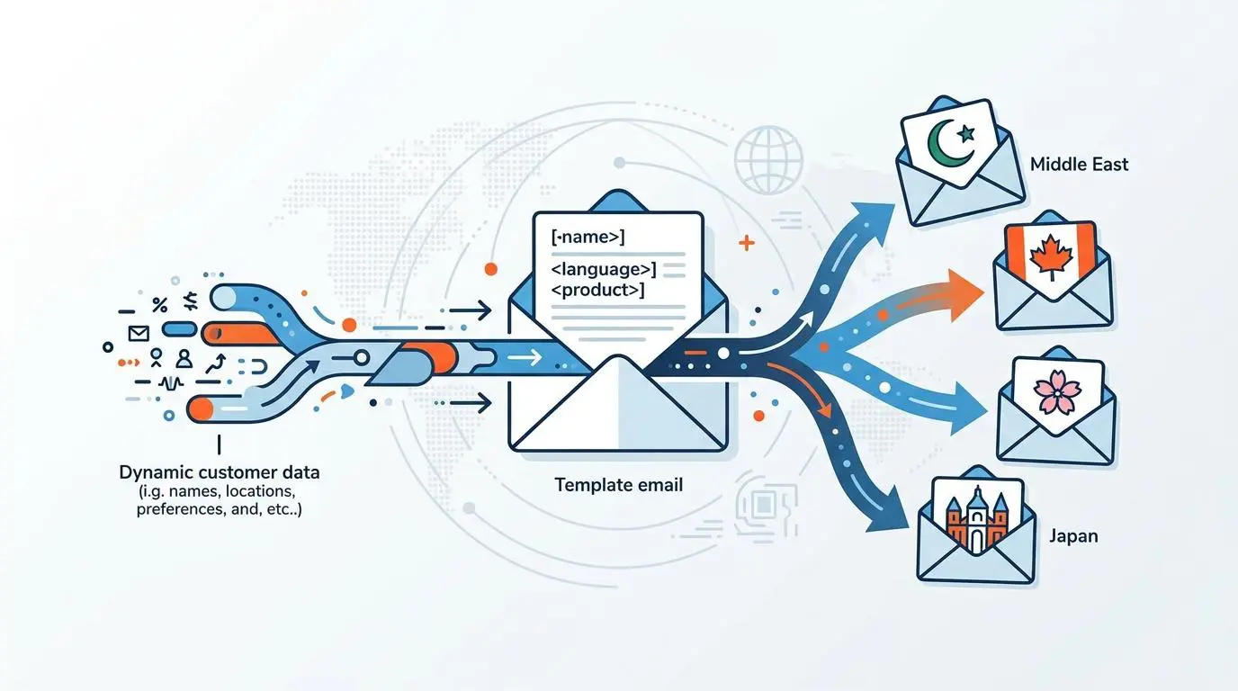 Dynamic variables injected into email templates for international outreach.