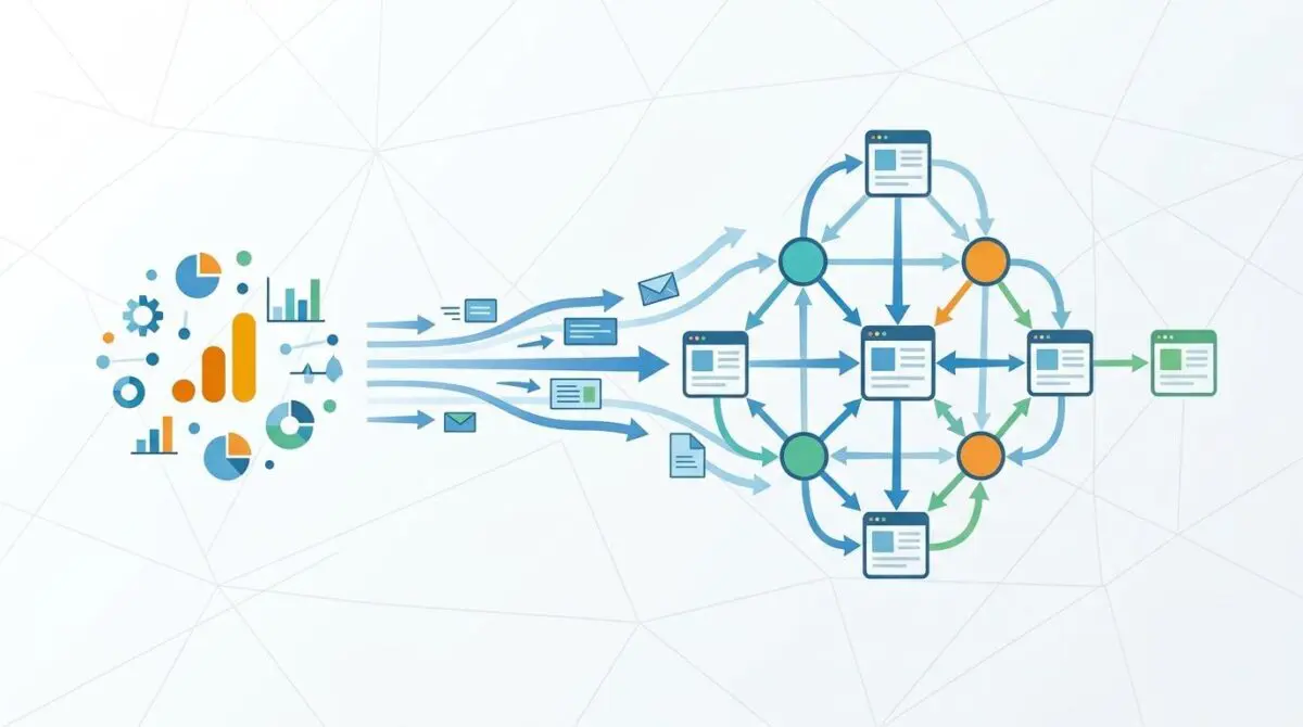 Illustration of dynamic internal PageRank routing via GA4 API connecting data points to landing pages.