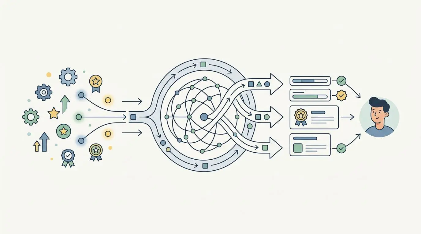 Flowchart showing dynamic skills-based employee onboarding adapting to individual needs via Slack.