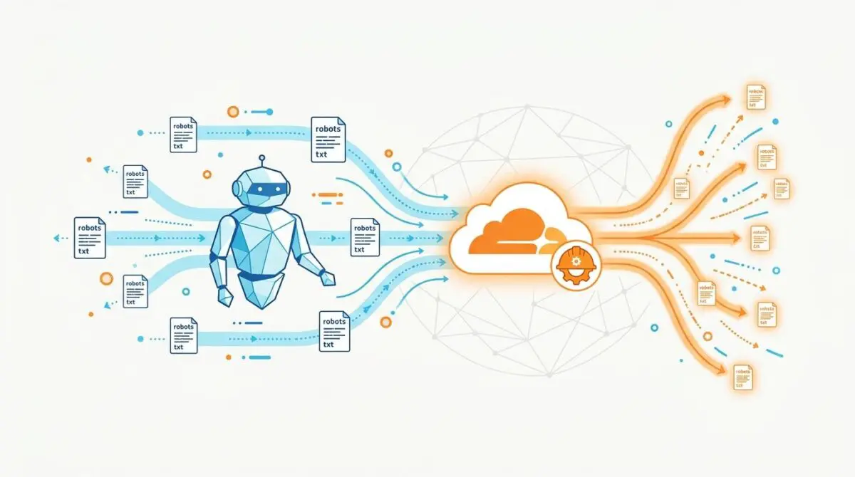 Abstract robot sending robots.txt files to a Cloudflare Worker for dynamic updating.