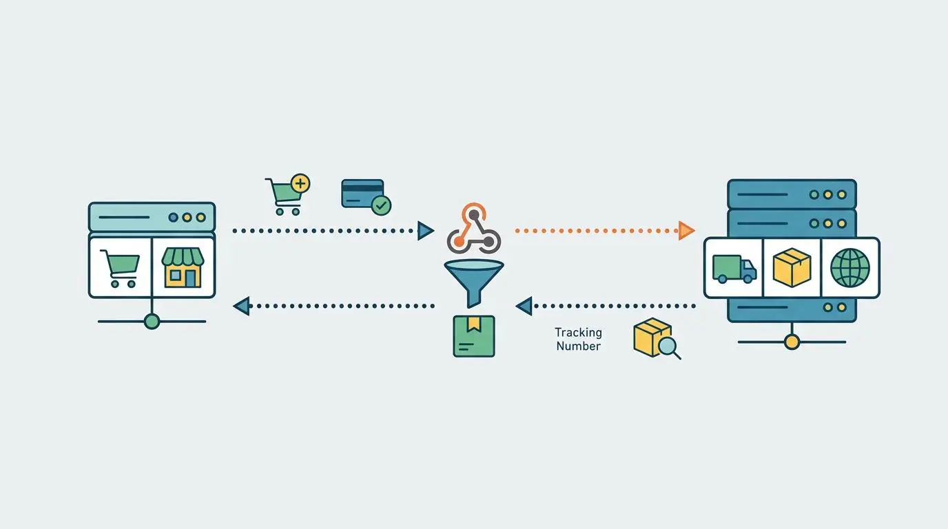 Webhook integration diagram for e-commerce shipping, enabling instant return label creation via customer portal requests.
