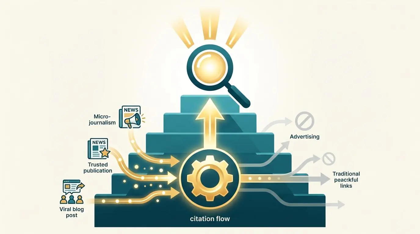 Citation flow diagram showing earned media dominance, micro-journalism, trusted publications, and viral posts leading to search dominance.