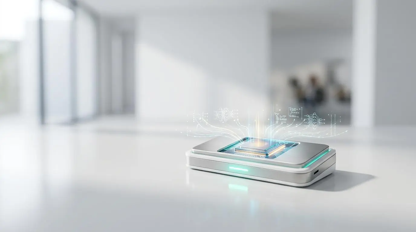 Hugging Face Hub: Edge AI chip powering on-device processing with glowing neural network graphics.