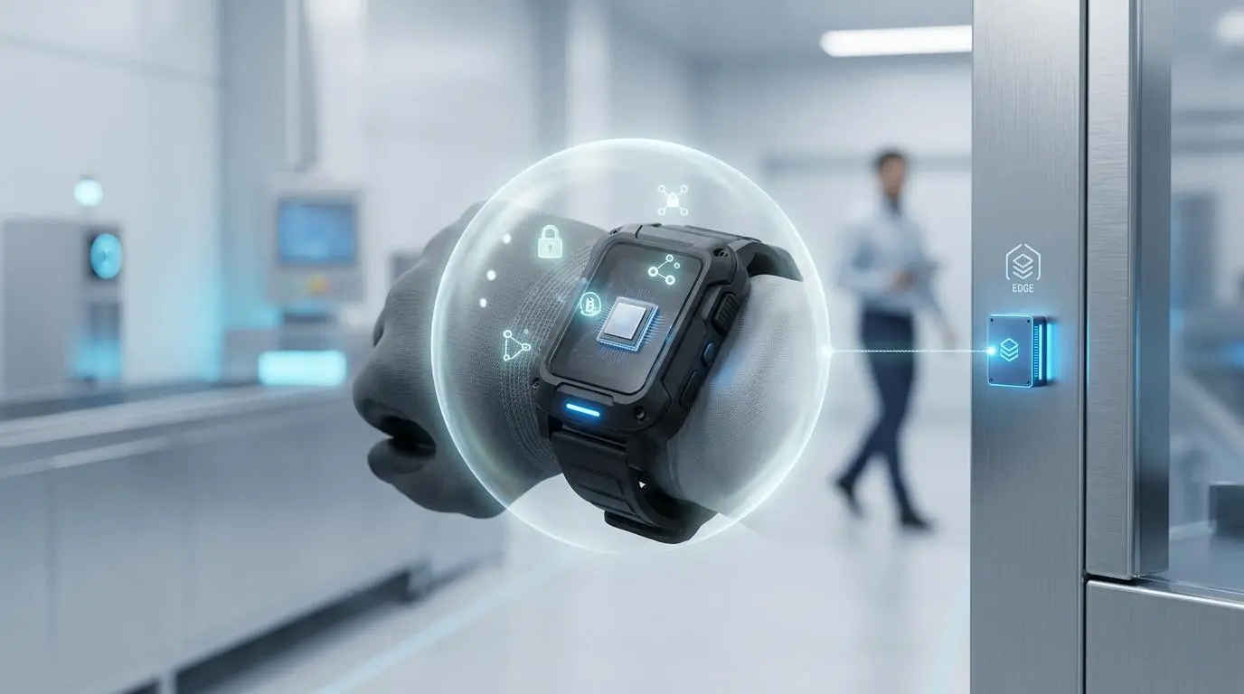 Smartwatch on wrist displaying chip, symbolizing edge computing privacy for AR troubleshooting guides.