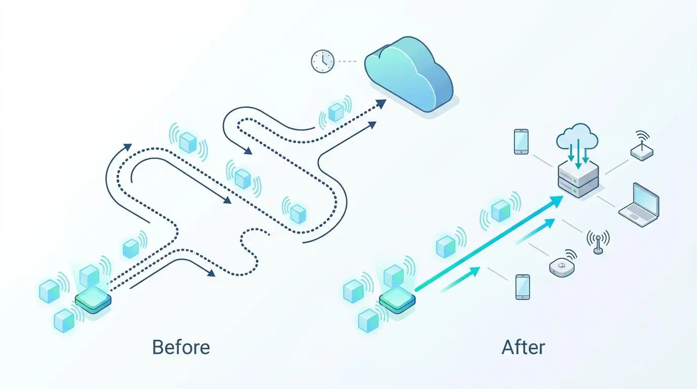 Before & After of network latency reduction via edge computing for virtual desktops.