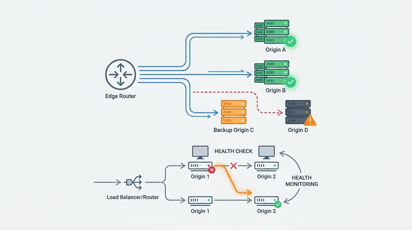 Edge router directing traffic to Origins A, B, backup C, and unhealthy D for real-time unoptimized image detection.