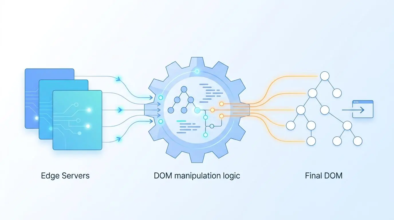 Edge servers processing data through DOM manipulation logic to form the final DOM structure for mobile.