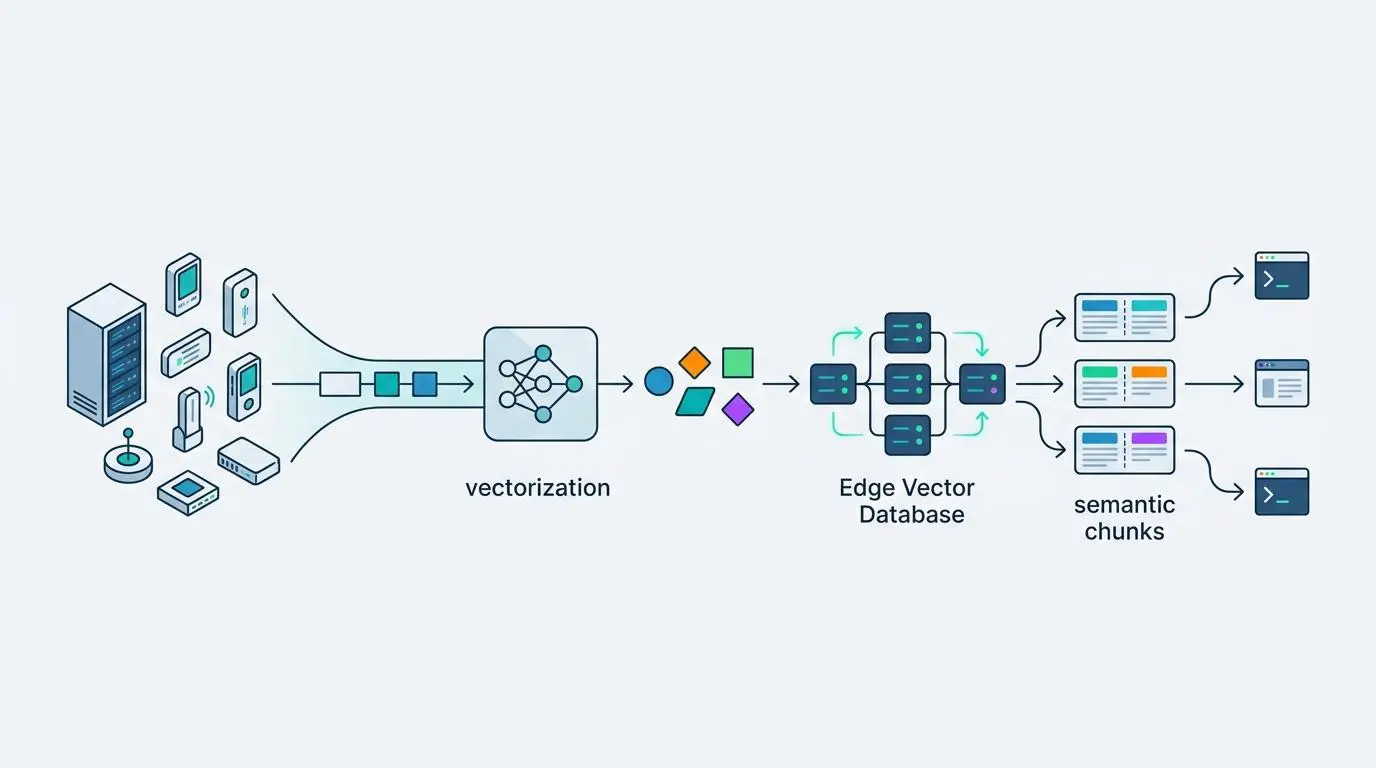Diagram illustrating edge vector databases for semantic chunk delivery to optimize content for Google AI Overviews.