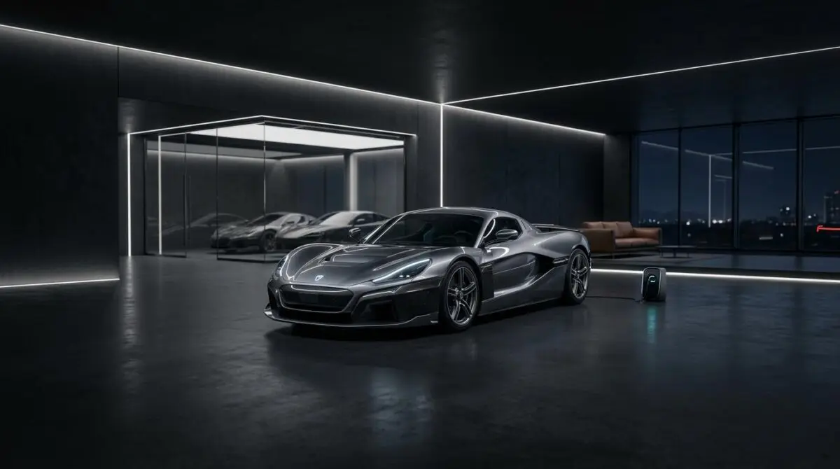 Sleek silver electric hypercar charging in a modern billionaire's garage, part of the rise of electric supercars.