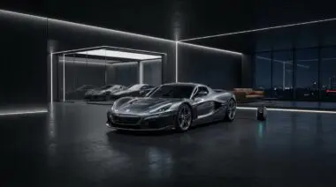 Sleek silver electric hypercar charging in a modern billionaire's garage, part of the rise of electric supercars.
