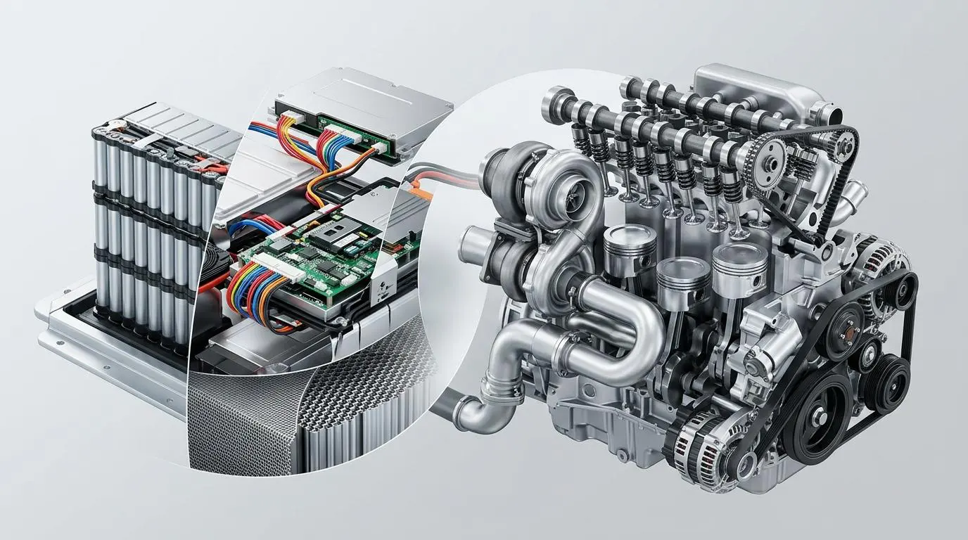 Cutaway collage showing electric supercar battery pack and internal combustion engine components.