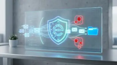 Email advanced threat protection software interface showing incoming mail, shield, and malware icons.