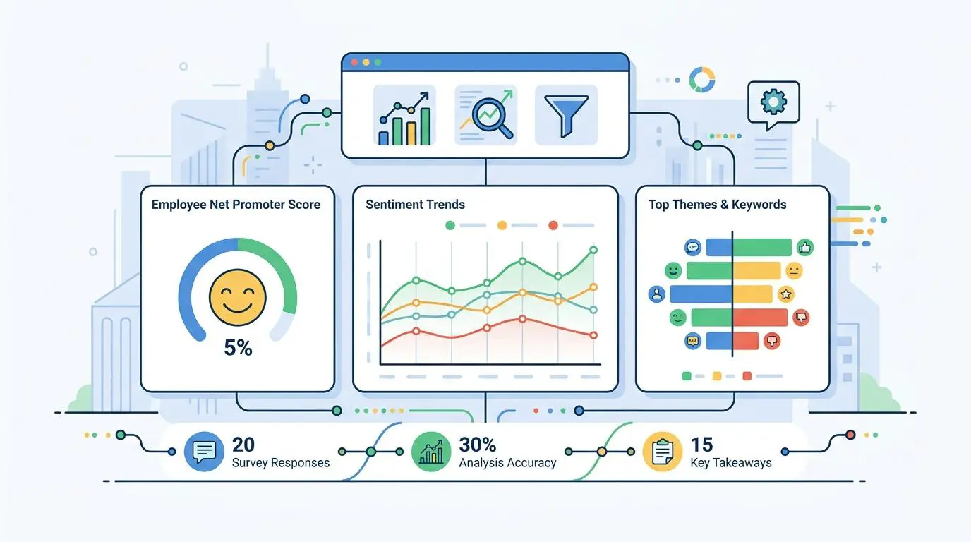 Digital interface showing employee sentiment analysis with NPS, trends, and keywords.