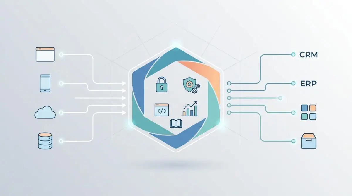 Diagram illustrating enterprise API management platforms connecting diverse systems like CRM and ERP.