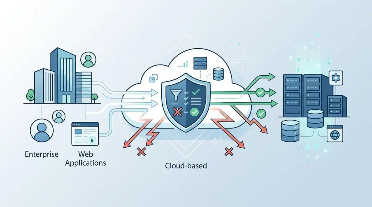 Illustration of enterprise cloud-based WAF services protecting web applications from threats.