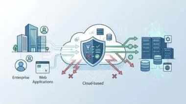 Illustration of enterprise cloud-based WAF services protecting web applications from threats.