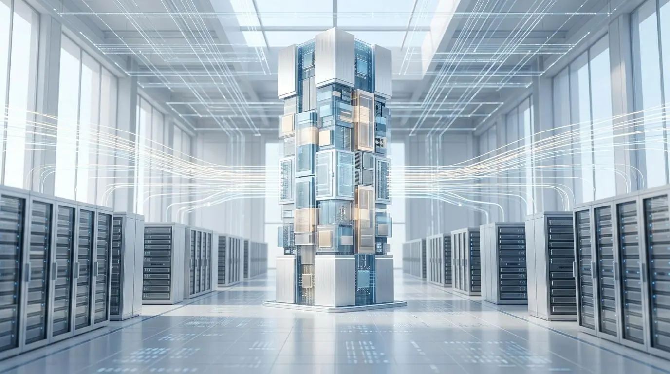 Large scale egocentric AI model architecture in a data center, reflecting Meta FAIR Open Source Strategy.