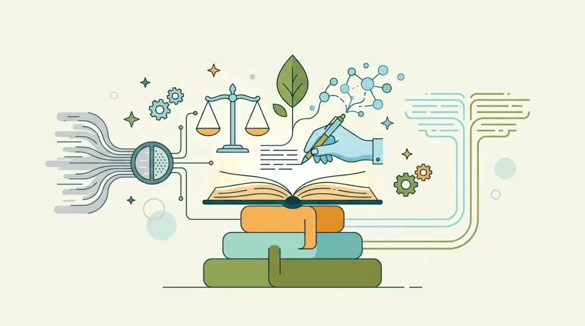 Illustrating an ethical framework for generative writing models, with scales of justice and a hand writing.