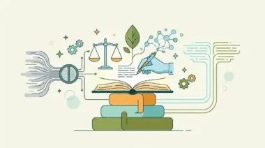Illustrating an ethical framework for generative writing models, with scales of justice and a hand writing.