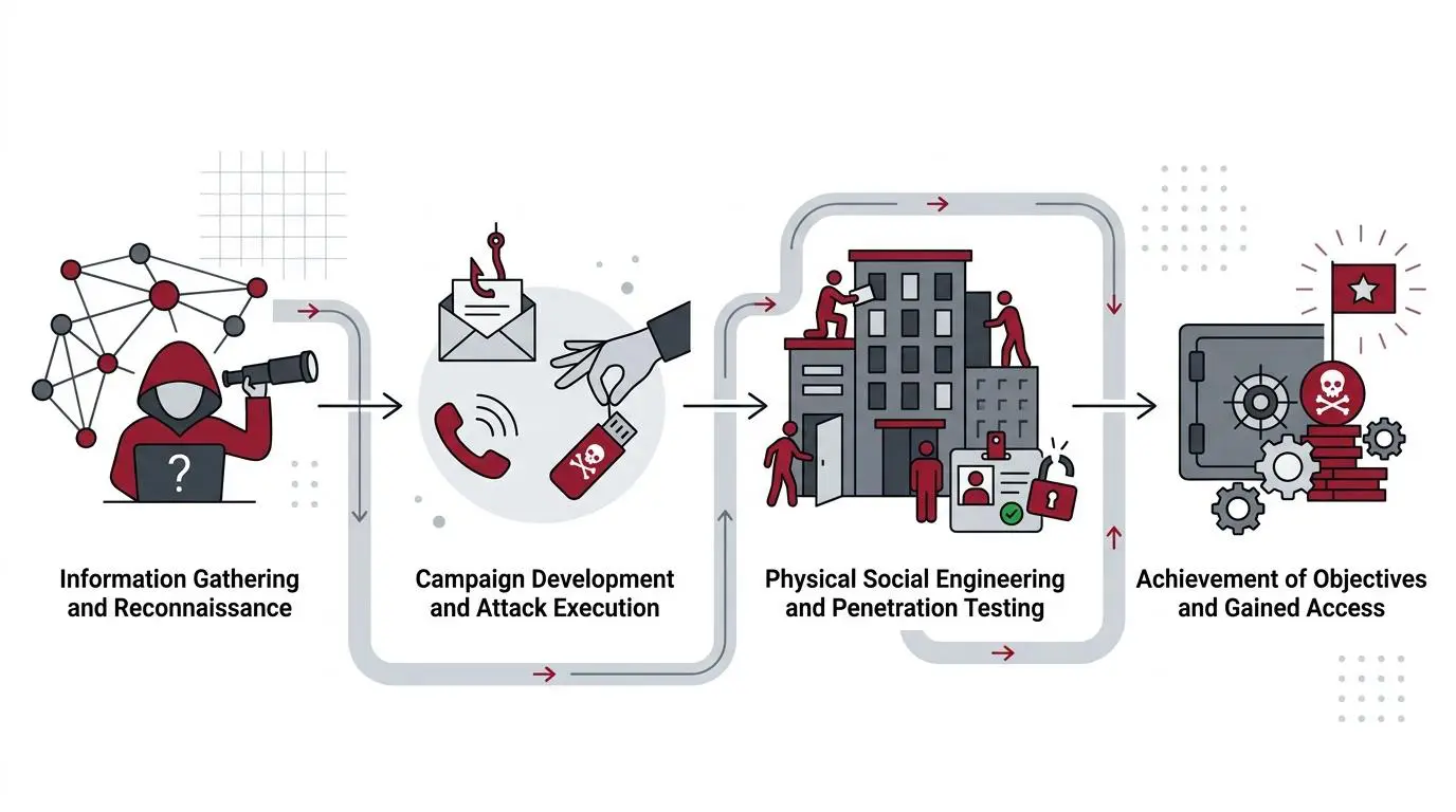 Diagram illustrating ethical hacking red teaming campaigns: recon, campaign dev, social engineering, and objective achievement.