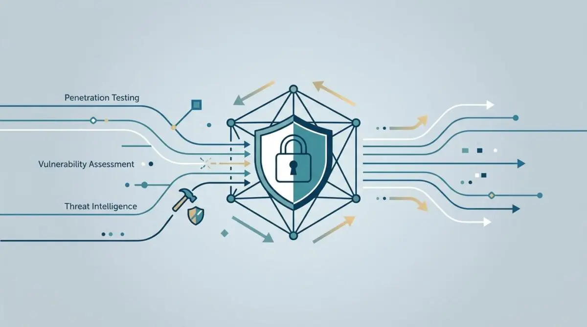 Diagram illustrating ethical hacking strategies like penetration testing, vulnerability assessment, and threat intelligence for enterprise security.