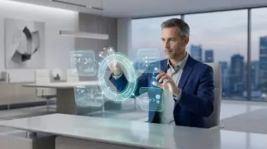 Executive using digital OODA loop interface to analyze data and outmaneuver competitors.