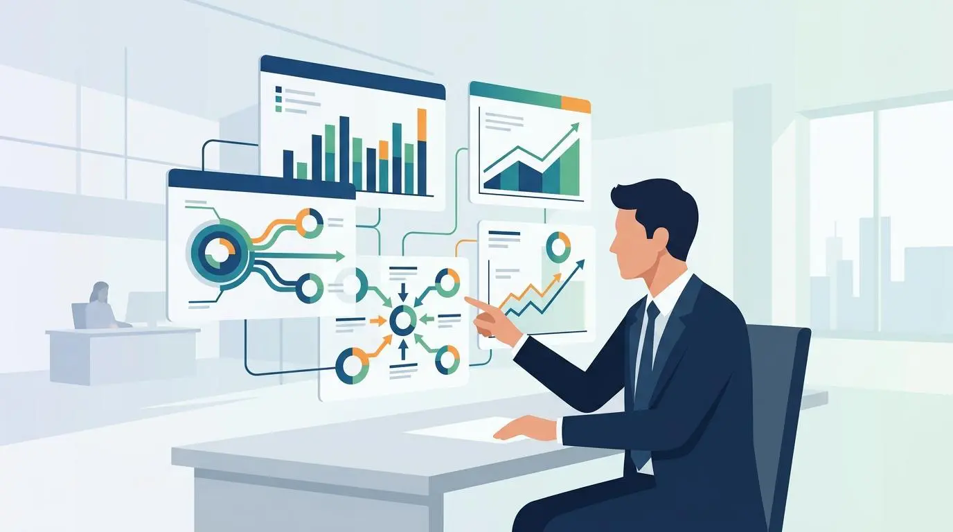 Executive analyzing corporate data charts and flow diagrams for shareholder letter insights.