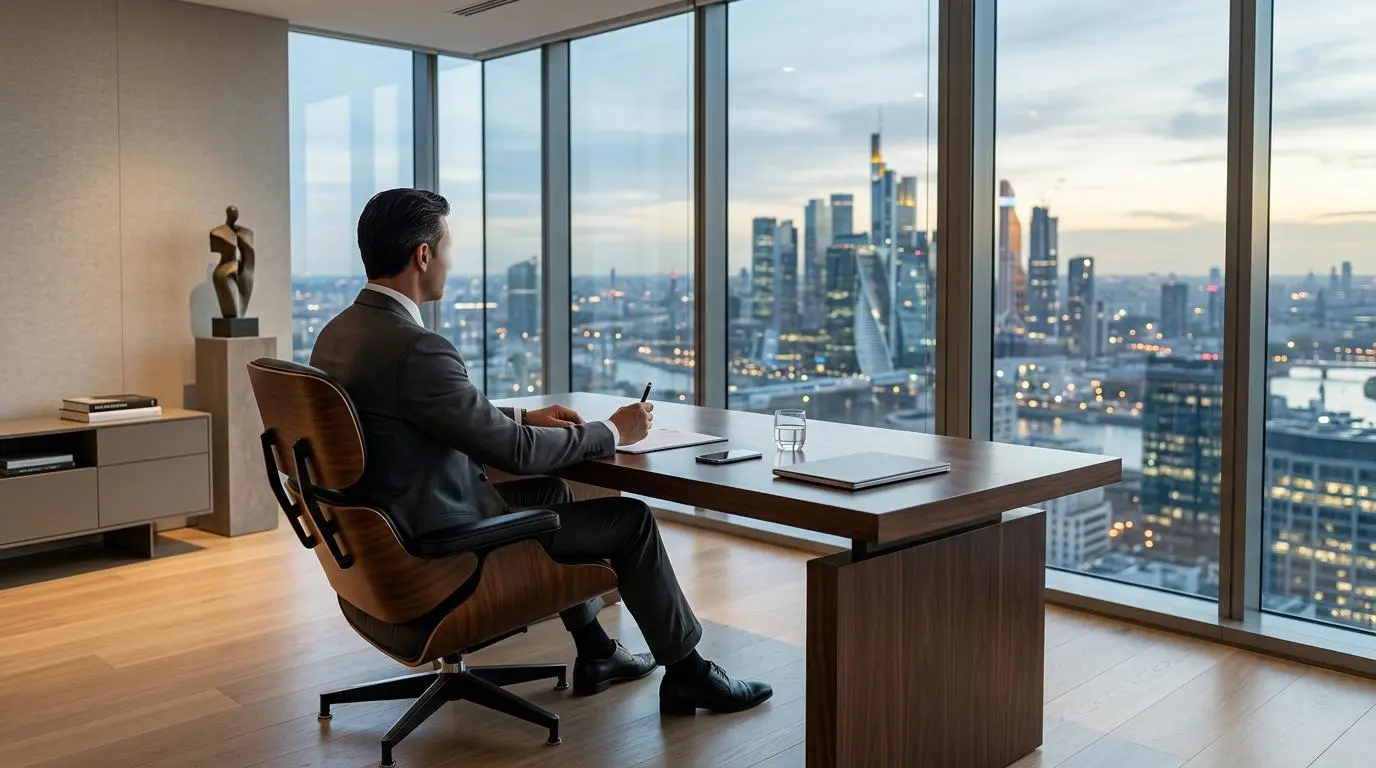 Faceless executive in luxury office contemplates financial ruin from skyscraper view.