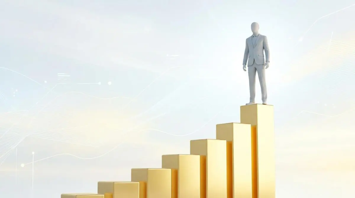 Faceless executive standing atop rising gold bar chart, symbolizing extreme wealth concentration.